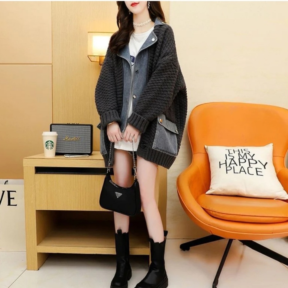 Denim stitched cardigan. Dark gray